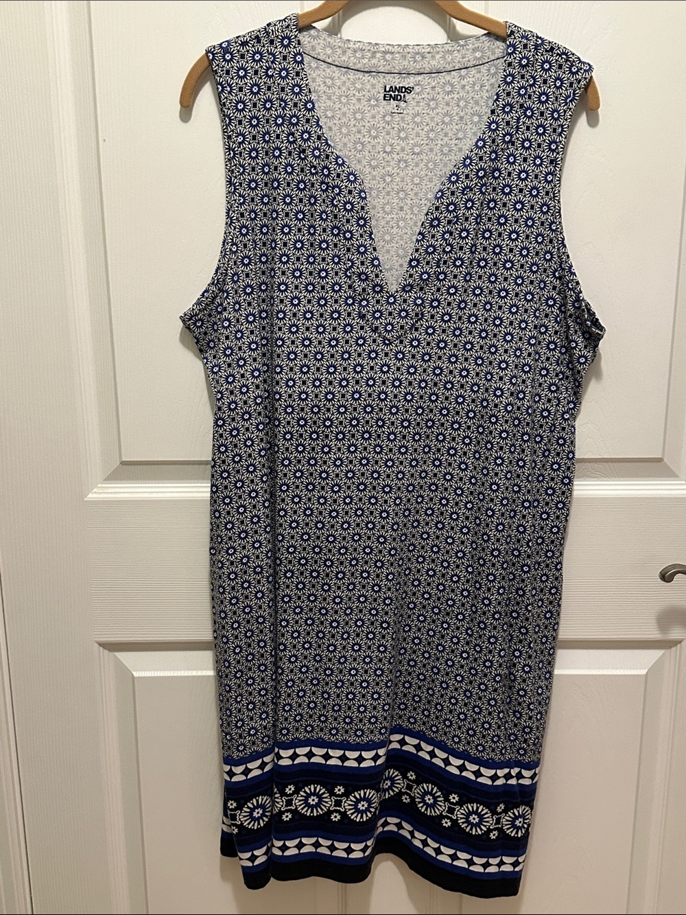 Lands' End Navy and White Sleeveless Midi Dress with Border Print